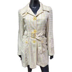 Tulle Yellow Stripe White Trench Coat Belted Waist Big Buttons Size Small
